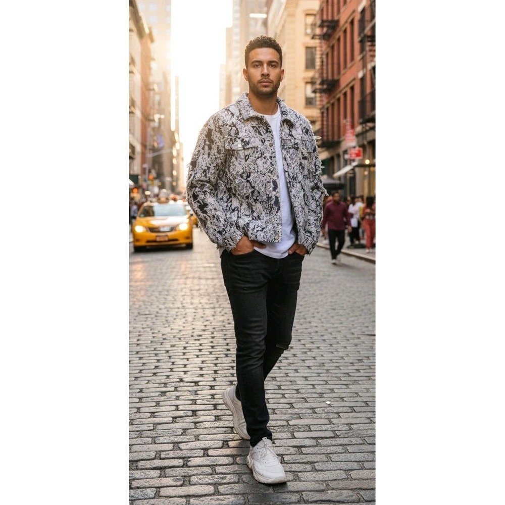 Men's Denim Jacket Distressed Size XL Streetwear Jaquard Floral‎ Statement NWT